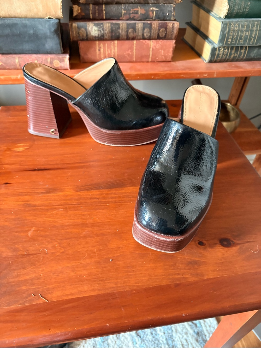 Circus by Sam Edelman Black Patent Platform Mules with Brown Stacked Heel
